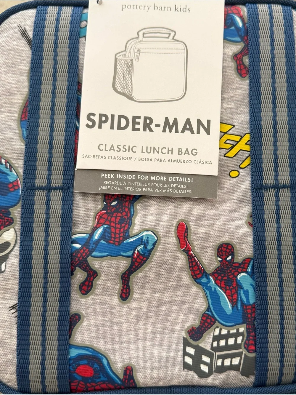 New Pottery Barn Kids Spiderman Print Lunch Box in Blue, Red, Gray